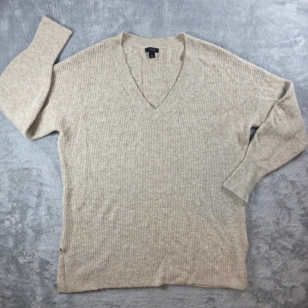 Halogen Women L Beige V-Neck Ribbed Knit Sweater Side Slits Relaxed Fit